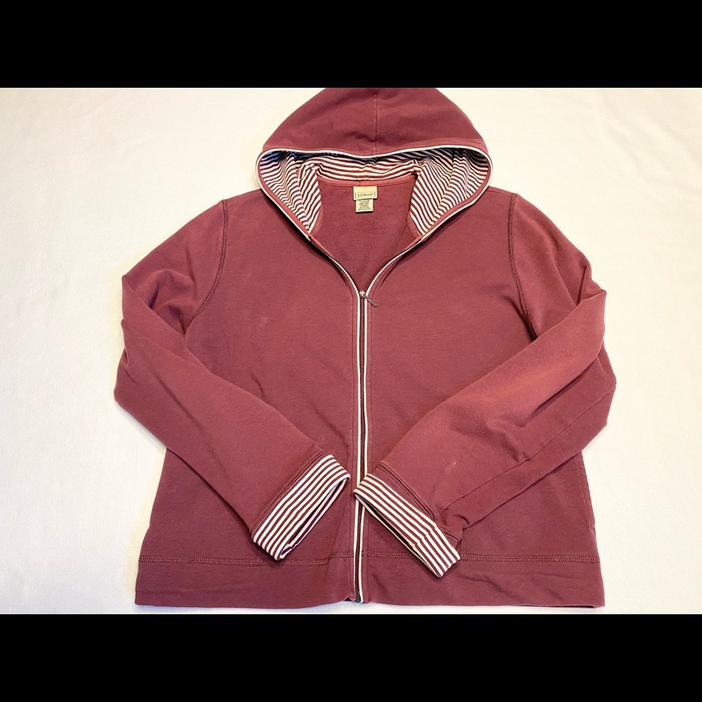 LL Bean Women’s Full Zip Hoodie Jacket Maroon White Stripes Size Medium Regular